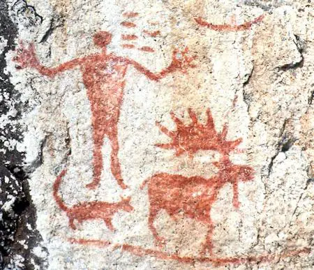 A portion of the main pictograph panel at North Hegman Lake.